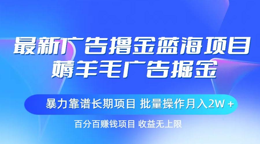 最新广告撸金蓝海项目，薅羊毛广告掘金 长期项目 批量操作月入2W＋-欧乐副业网