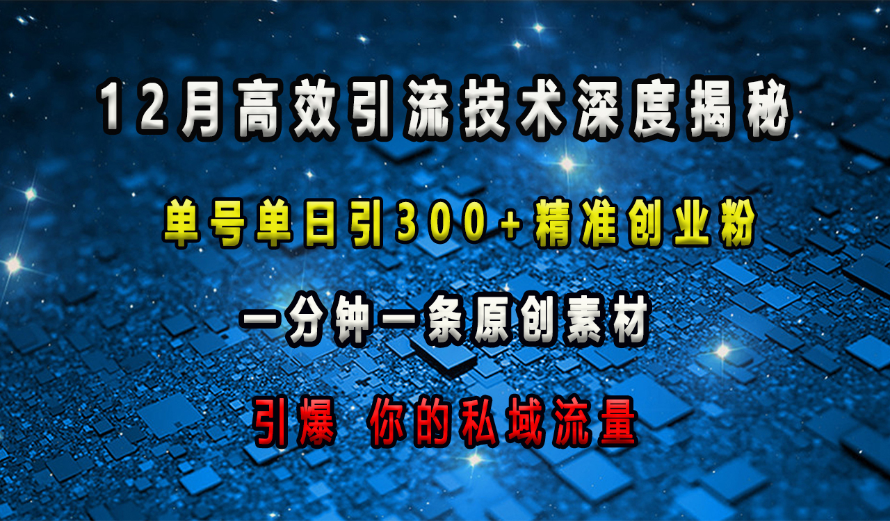 12月高效引流技术深度揭秘 ，单号单日引300+精准创业粉，一分钟一条原创素材，引爆你的私域流量-欧乐副业网