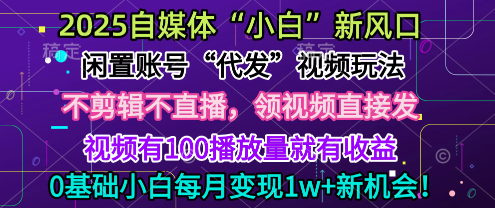 2025每月躺赚5w+新机会，闲置视频账号一键代发玩法，0粉不实名不剪辑，领了视频直接发，0基础小白也能日入300+-欧乐副业网