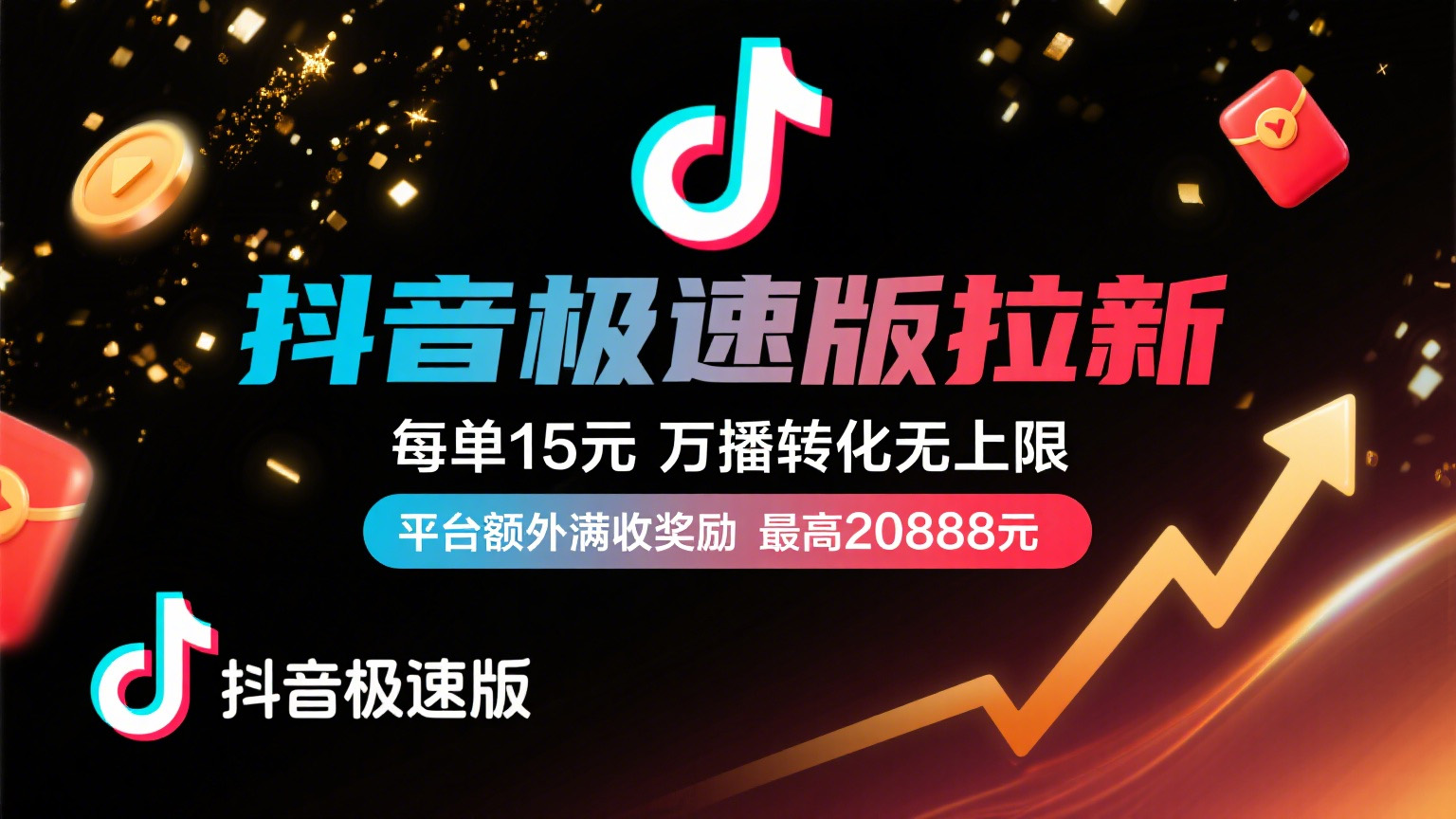 抖音极速版放福利，每单15元，万播转化无上限，平台额外满收奖励，最高可领20888元-欧乐副业网